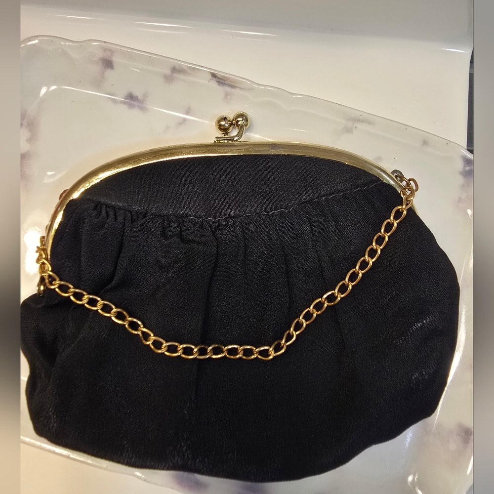 Vintage Black Satin Clutch with Gold Chain